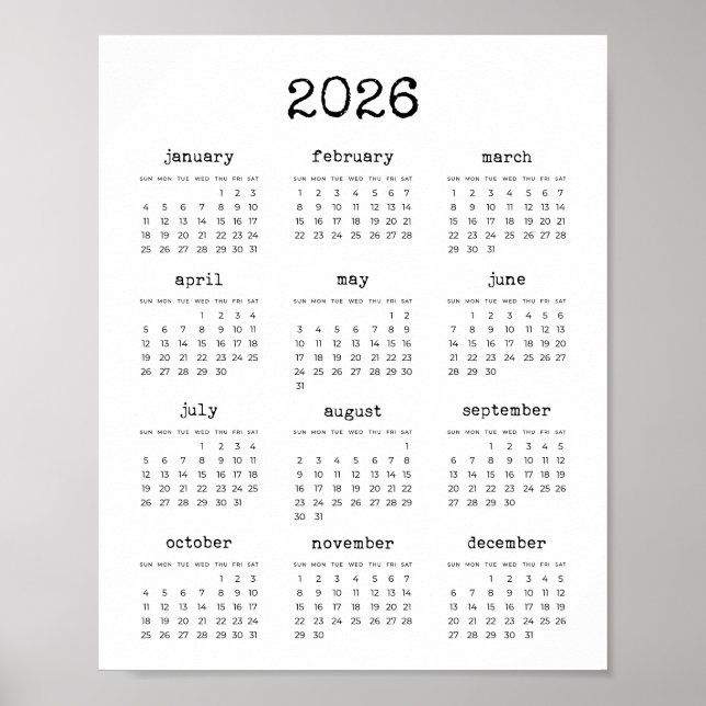 Póster Tipo de letra minimalista calendario 2022 (Frente)