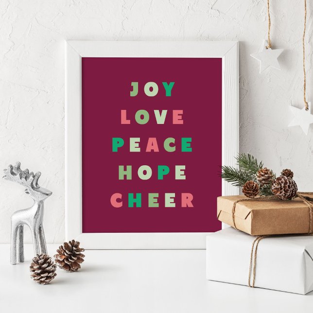 Póster Tipografía moderna Alegría a los Navidades de la P (Christmas poster with the words, "joy love peace hope cheer" in a modern font)