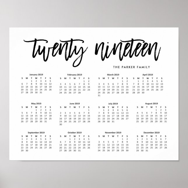 Póster Tipografía moderna en blanco y negro Calendario 20 (Frente)