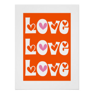 Póster Tipografía Orang retro LOVE con corazones rosados