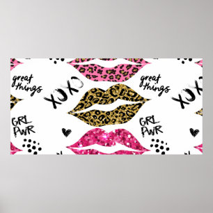 Póster tipografía purpurina con patrón de labios