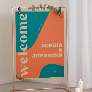 Póster Tipografía retro groovy azul turquesa beige bienve