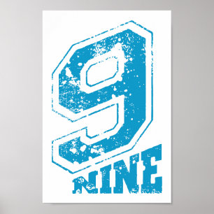 Póster Tipografía Retro minimalista Número Azul Nueve