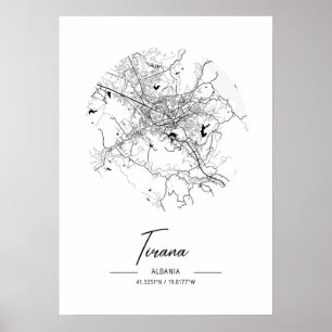 Póster Tirana - Albania Mapa de Ciudad de Agua Negra