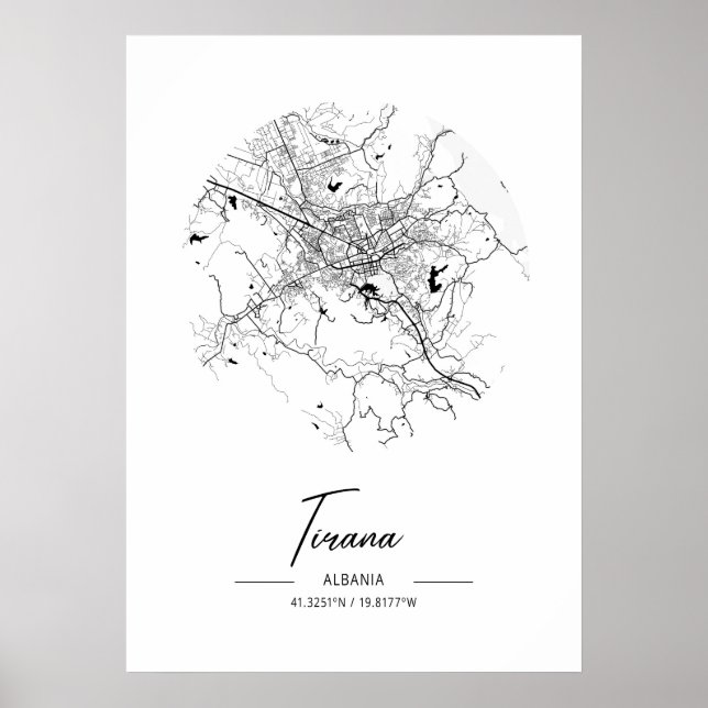 Póster Tirana - Albania Mapa de Ciudad de Agua Negra (Frente)