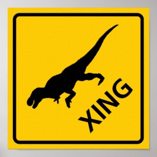 Póster Tirannosaur Crossing Highway Rótulo Dinosaur