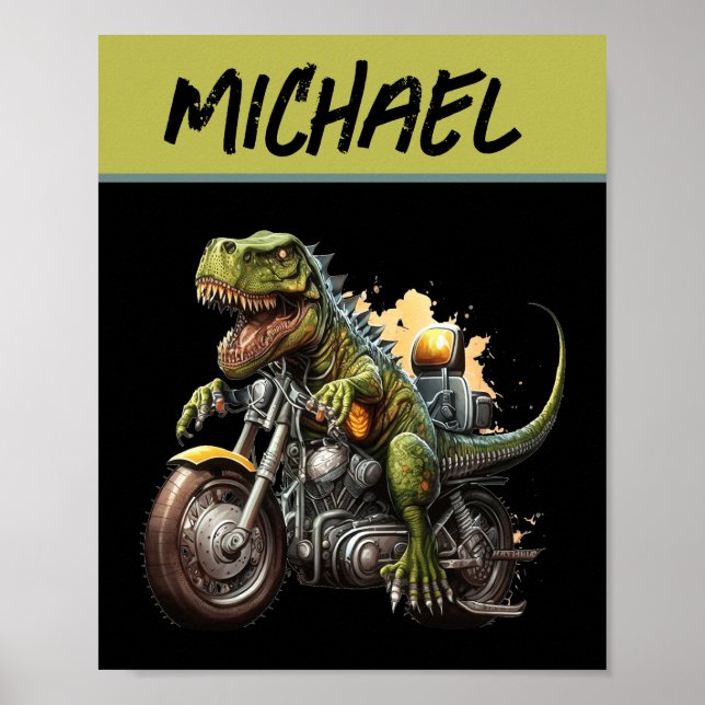 Póster Tirannosauro Rex Dinosaurio en motocicleta (Frente)
