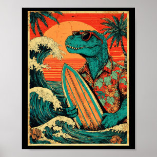 Póster Tirannosaurus Retro Surfista Verano Hawaiano Dinos