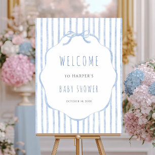 Póster Tiras Azules con Bienvenida a Baby Shower de Niño 