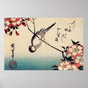 Póster Titmice en una rama de la cereza, Hiroshige