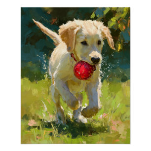 Póster Título: Golden Retriever Juguetón Pelota Roja 