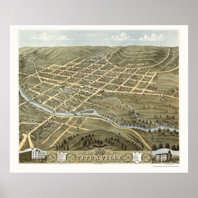 Póster Titusville, Mapa Panorámico PA - 1871 (Frente)