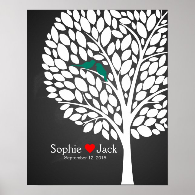 Póster tiza verde azulada de árbol de libros de invitados (Frente)