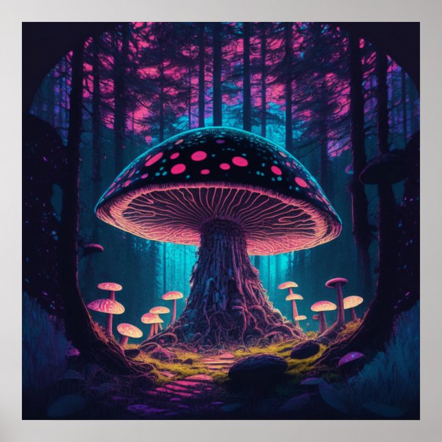 Póster Toadstool gigante espeluznante en el bosque (Frente)