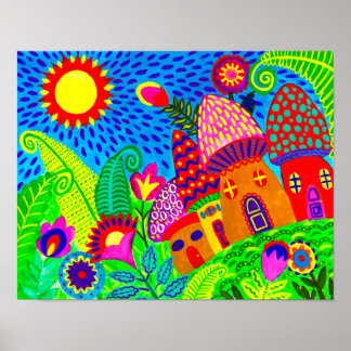 Póster Toadstool Magical Garden Folk Art Print