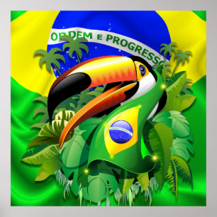 Póster Toco Toucan con bandera de Brasil