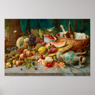 Póster Todavía la vida con fruta y vino refrigerado por Z