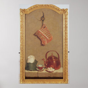 Póster Todavía vida con la carne, la caldera y la taza