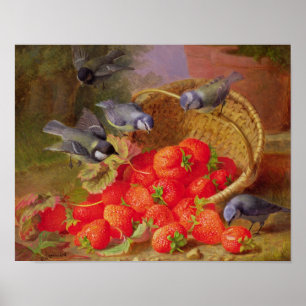 Póster Todavía vida con las fresas y Bluetits