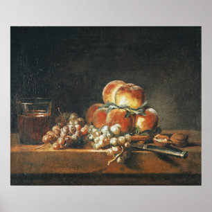 Póster Todavía vida de los melocotones, nueces, uvas