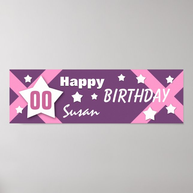 Póster TODO AÑO Estrella de Cumpleaños Banner Pink and Pu (Frente)