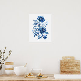 Póster Toile Chinoiserie Floral de Acuarela Azul Francés