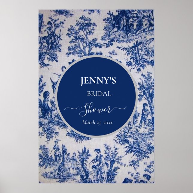 Póster Toile de Jouy Ducha azul y blanca de novias (Frente)