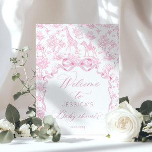 Póster Toile de Jouy Safari ducha de bebé rosa Bienvenida