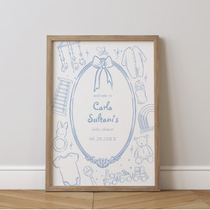 Póster Toile De Jouy Whimsical Blue Baby Shower