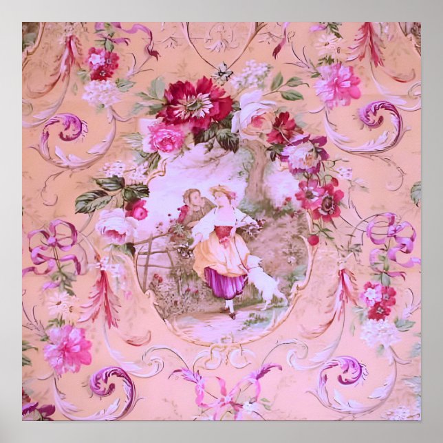 Póster Toile victoriano antiguo Rococo estilo Floral Rosa (Frente)