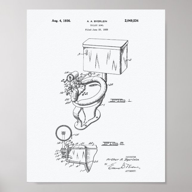 Póster Toilet Bowl 1936 Patent Art White Paper (Frente)
