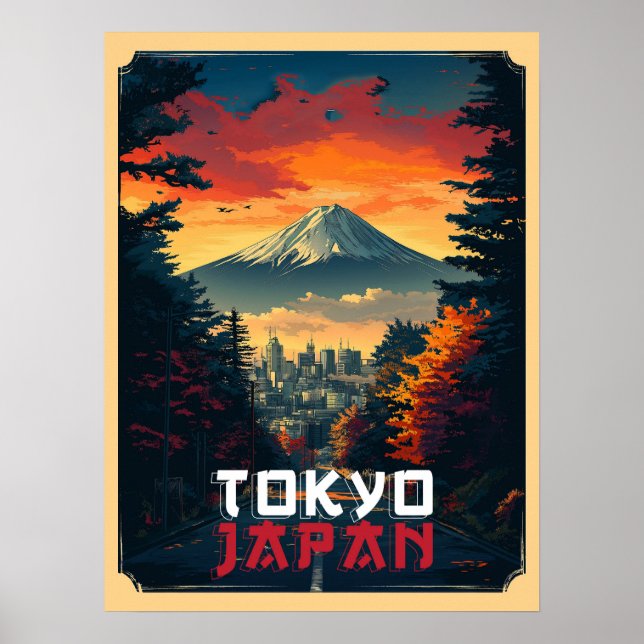Póster Tokio, Japón: Monte Fuji y el paisaje urbano (Frente)