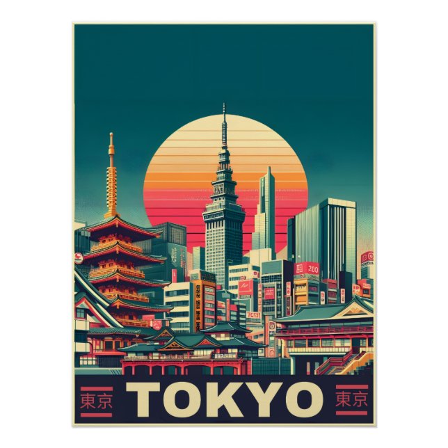 Póster Tokyo Japón viajes RETRO regalos de skyline (Anverso)