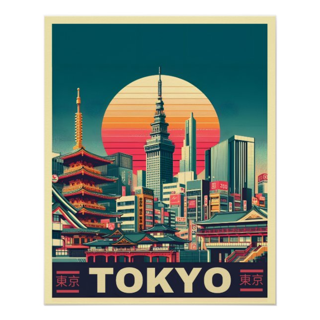 Póster Tokyo Japón viajes RETRO regalos de skyline (Anverso)