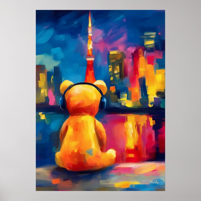 Póster Tokyo Teddy Neon Skyline Night Reflection (Frente)