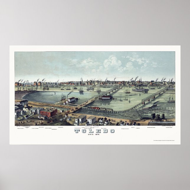 Póster Toledo, OH Mapa Panorámico - 1876 (Frente)