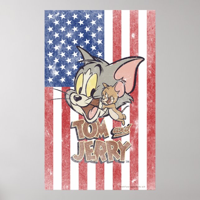 Póster Tom y Jerry con la bandera de Estados Unidos (Frente)