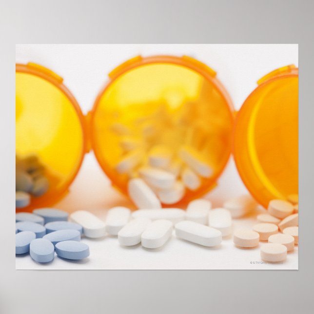 Póster Toma de estudio de la botella de medicina con past (Frente)