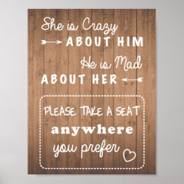 Póster Toma un asiento boda firma grano de madera o negro