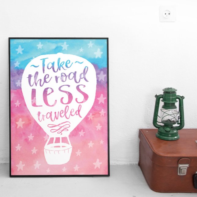 Póster Tomar La Cita De La Acuarela Menos Viajada (A watercolor typography quote art poster in shades of blue, purple and pink. )