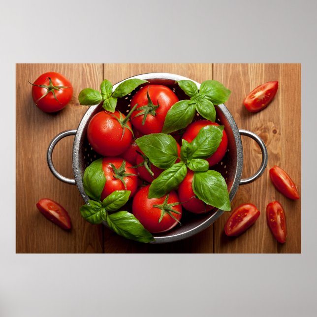 Póster Tomates Con Albahaca En Colander (Frente)
