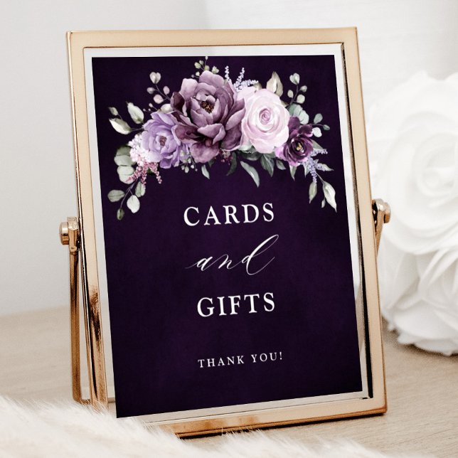 Póster Tonos de Dusty Purple Blooms tarjetas y regalos Ró (Shades of dusty purple bloom cards and gifts wedding sign)