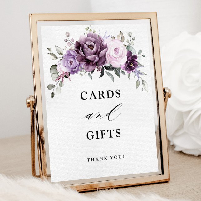 Póster Tonos de Dusty Purple Blooms tarjetas y regalos Ró (Shades of dusty purple bloom cards and gifts wedding sign)