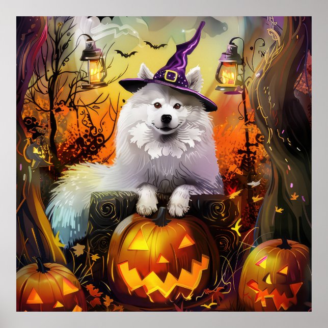 Póster Tonto Samoyed Perro Halloween Bruja Y Calabaza (Frente)