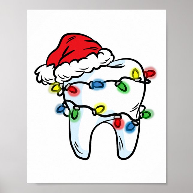 Póster Tooth Christmas Light Santa Hat Dentist Dental Hyg (Frente)