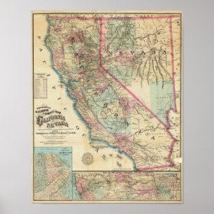 Póster Topographical Railroad and County Map, California