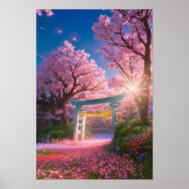 Póster Torii Gate en medio del esplendor de flores de cer (Frente)