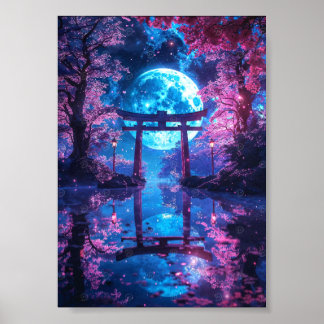 Póster Torii japonés encantado bajo la luz de la luna