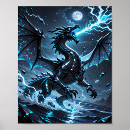 Póster Tormenta de Fantasía del Dragón Negro con Relámpag