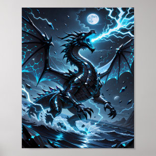 Póster Tormenta de Fantasía del Dragón Negro con Relámpag